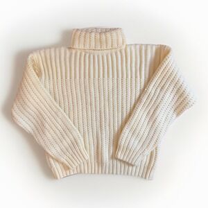 Vintage Cropped Chunky Knit Sweater L Turtle Neck Yellow 90s Locker Loop